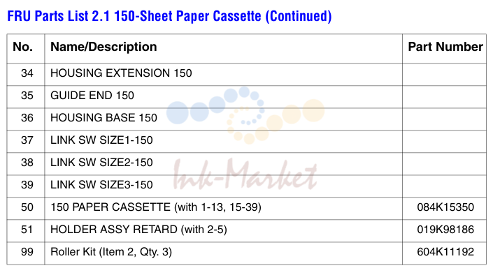 150-Sheet Paper Cassette (Continued) No.