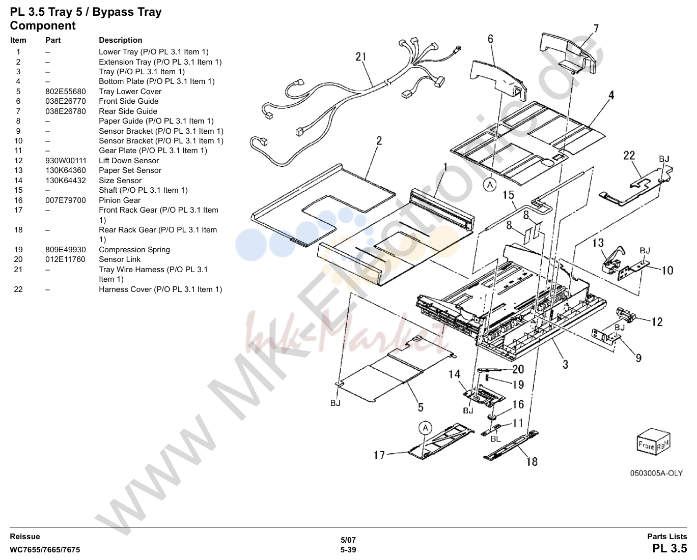 Tray 5 / Bypass Tray Component